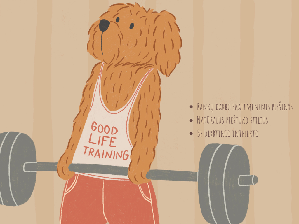 Vaikiškas plakatas vaikų kambariui – žaismingas goldendoodle šuo laiko štangą ir bando ją pakelti, sportiška ir linksma iliustracija, puikiai tinkanti vaikų kambario interjerui, žaidimų kambariui, vaikų interjero dekorui, sienų akcentui ar dovanos idėjoms mažiesiems mėgstantiems gyvūnus, sportą, fitnesą, aktyvią veiklą ir nuotykius