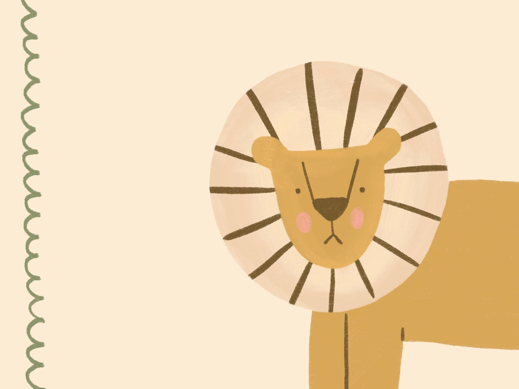 Minimalist safari-style nursery wall art featuring a Scandinavian lion illustration drawn on a soft beige background, framed with a decorative wavy border, printable digital artwork designed for safari-themed kids room, nursery, or playroom decor, creating a calm, modern, and cozy interior atmosphere.