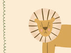 Minimalist safari-style nursery wall art featuring a Scandinavian lion illustration drawn on a soft beige background, framed with a decorative wavy border, printable digital artwork designed for safari-themed kids room, nursery, or playroom decor, creating a calm, modern, and cozy interior atmosphere.