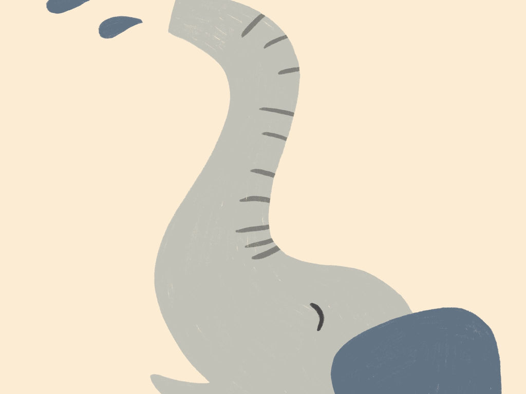 Minimalist safari-style nursery wall art featuring a Scandinavian elephant illustration spraying water, drawn on a soft beige background in a clean modern style, printable digital artwork for safari-themed kids room, nursery, or playroom decor, designed to create a calm, playful, and contemporary interior atmosphere.