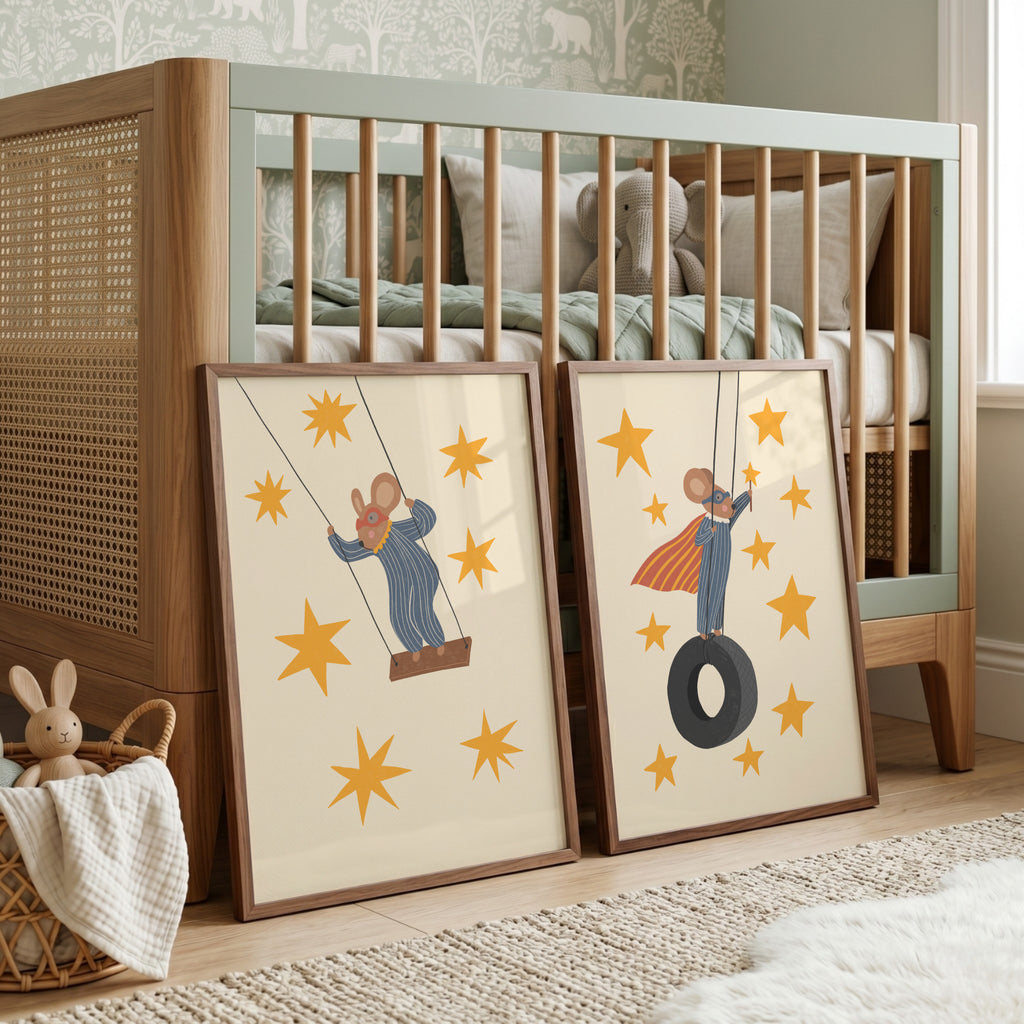 Whimsical mouse nursery wall art set featuring a mouse on a swing and a superhero mouse on a tire swing in soft neutral tones