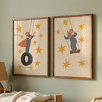 Whimsical mouse nursery wall art set featuring a mouse on a swing and a superhero mouse on a tire swing in soft neutral tones