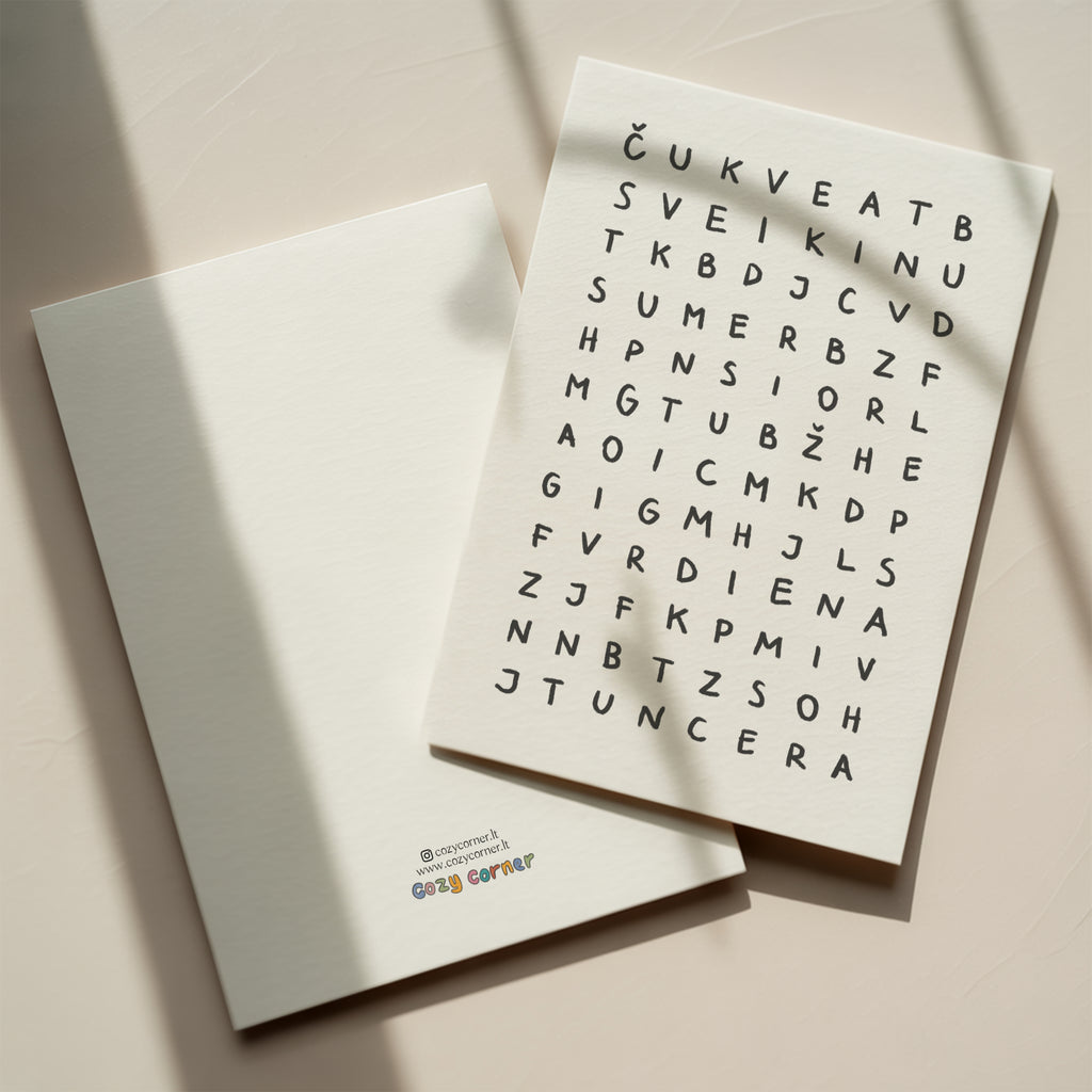 Minimalist birthday greeting card featuring a crossword-style letter puzzle with the hidden message “Sveikinu su gimimo diena” on a white background.