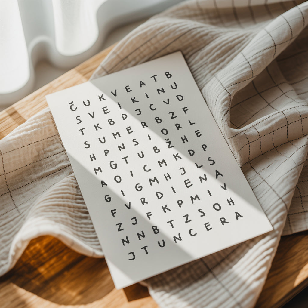 Minimalist birthday greeting card featuring a crossword-style letter puzzle with the hidden message “Sveikinu su gimimo diena” on a white background.