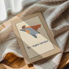 Cute greeting card featuring a teddy bear flying like a superhero with the text “Tu – mano herojus” below, whimsical hero-themed illustration.