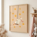 Cute goose swinging on a wooden swing against a light background with soft stars, whimsical nursery wall art in neutral tones for a baby or kids room.