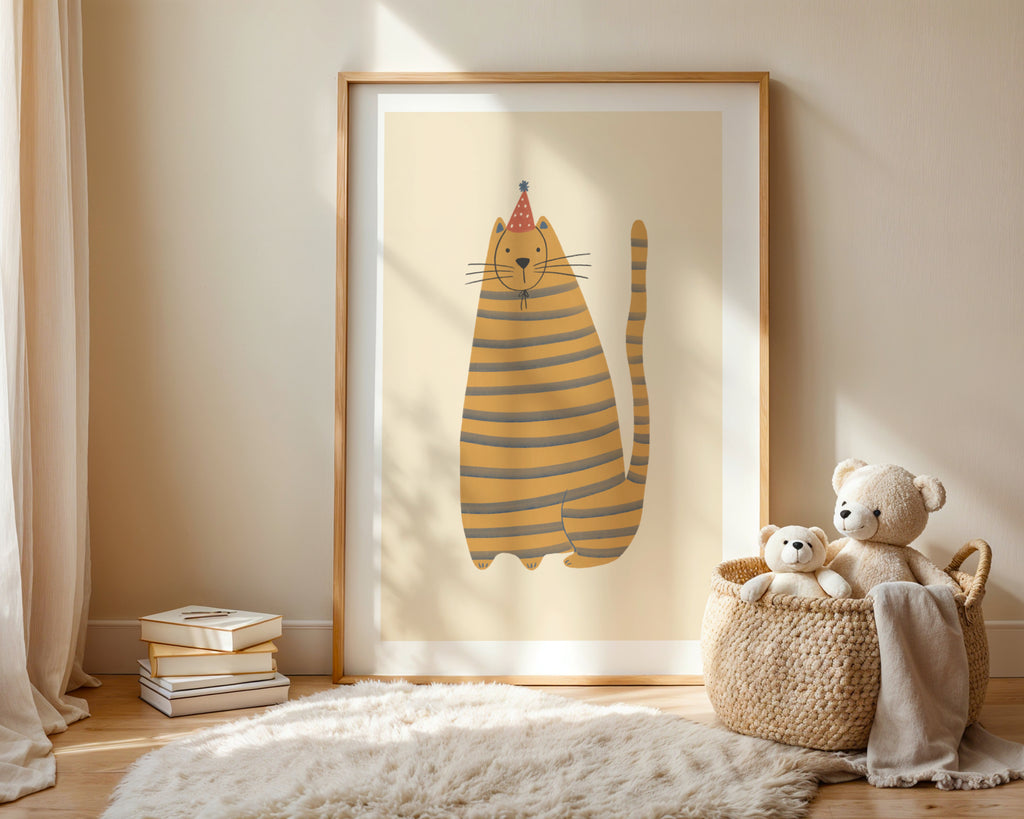 Cute kids wall art featuring a yellow striped cat with blue stripes wearing a small hat, illustrated in a soft minimalist style on a warm beige background, printable digital artwork for nursery, playroom, or kids room decor, designed to create a cozy, calm, and playful interior atmosphere.