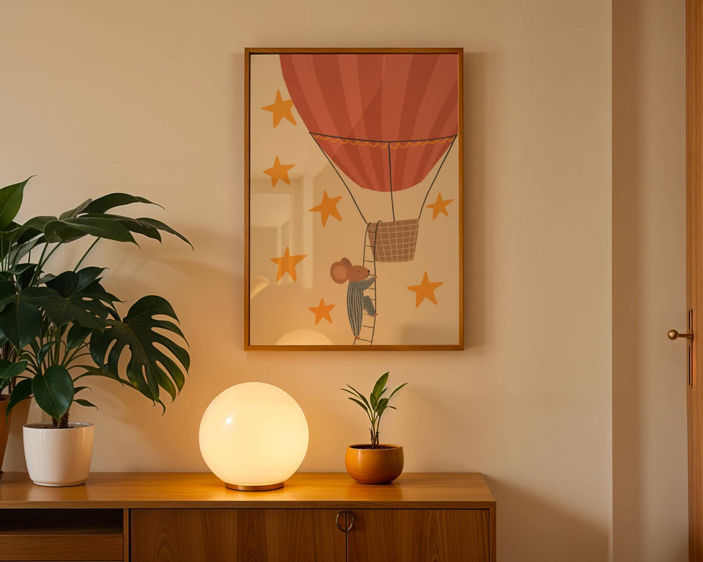 Vaikiškas plakatas vaikų kambariui – mielas peliukas lipa į spalvingą oro balioną žvaigždėto fono fone, žaisminga ir svajinga iliustracija puikiai tinka vaikų kambario interjerui, žaidimų kambariui, vaikų interjero dekorui, sienų akcentui ar dovanos idėjoms mažiesiems mėgstantiems nuotykius, skraidymo tematiką ir fantazijos nuotykius