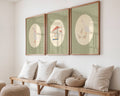 Set of three matching children’s posters featuring cute duck illustrations in oval frames on a green gingham background, in a soft classic style