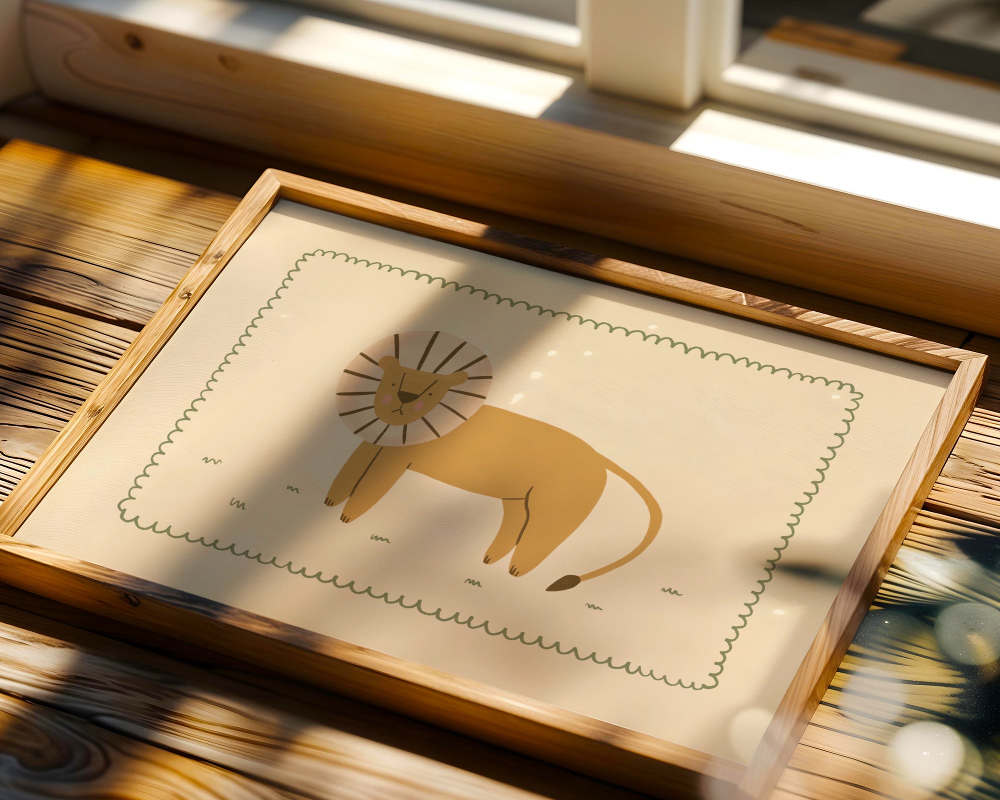 Minimalist safari-style nursery wall art featuring a Scandinavian lion illustration drawn on a soft beige background, framed with a decorative wavy border, printable digital artwork designed for safari-themed kids room, nursery, or playroom decor, creating a calm, modern, and cozy interior atmosphere.
