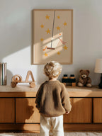 Cute goose swinging on a wooden swing against a light background with soft stars, whimsical nursery wall art in neutral tones for a baby or kids room.