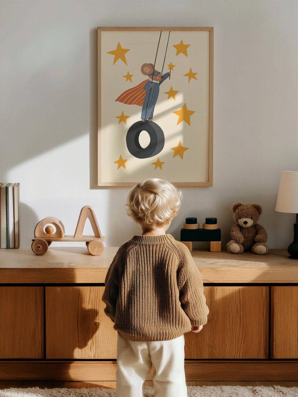 Superhero mouse on tire swing nursery wall art featuring whimsical mouse with cape and aviator goggles in adventure themed kids room decor