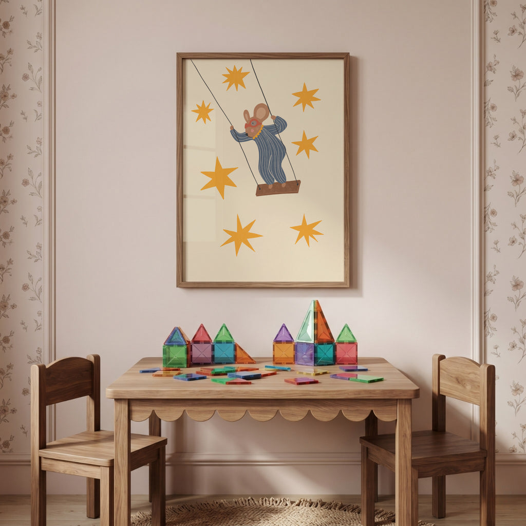 Whimsical mouse on swing nursery wall art featuring cute mouse swinging under starry sky in soft neutral tones