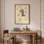 Whimsical mouse on swing nursery wall art featuring cute mouse swinging under starry sky in soft neutral tones