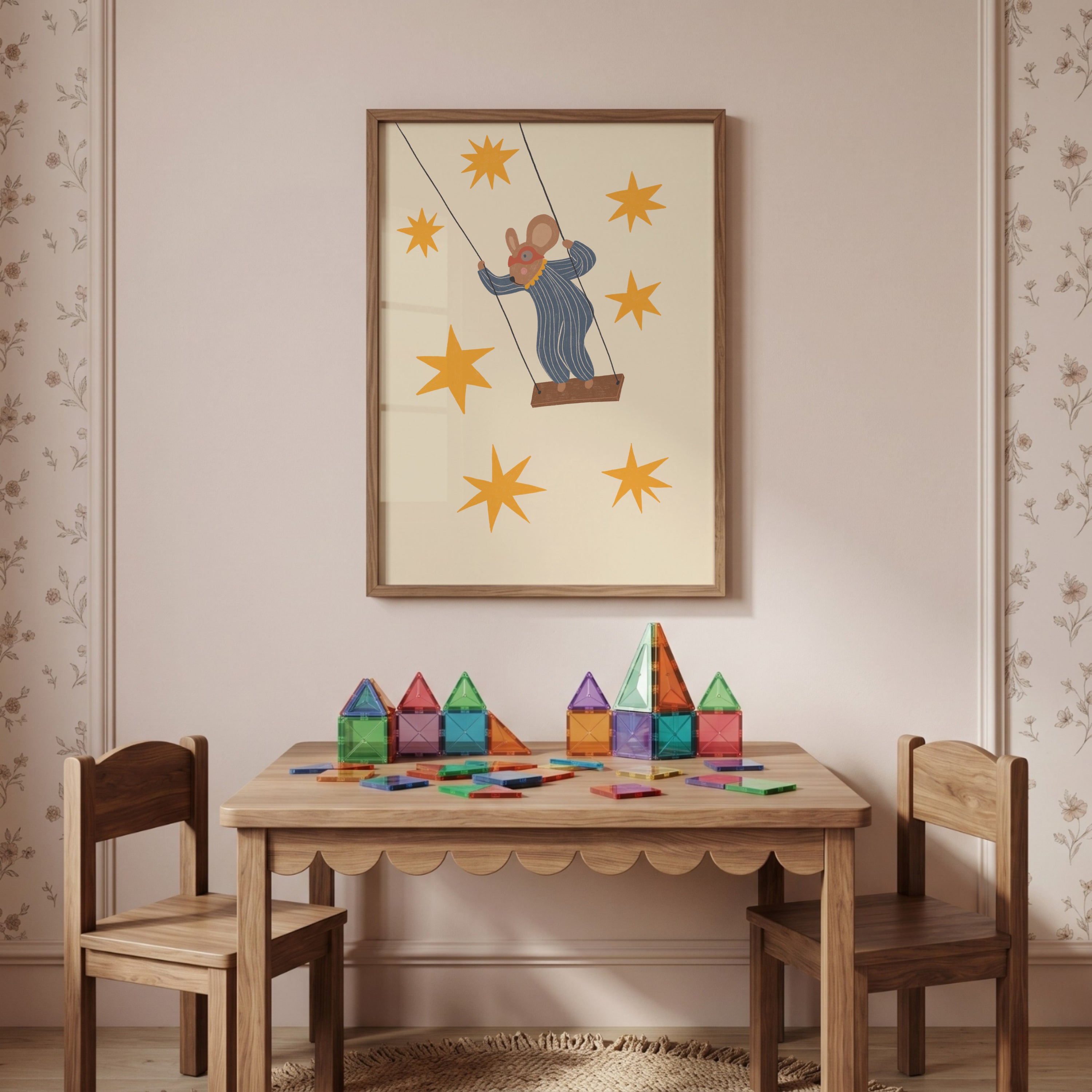 Whimsical mouse on swing nursery wall art featuring cute mouse swinging under starry sky in soft neutral tones