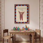 Cute storybook mouse wearing a striped outfit, standing with arms raised and pointing toward the quote "How wonderful life is now you're in the world". Beige background with a blue and burgundy gingham-style border, printable nursery wall art.