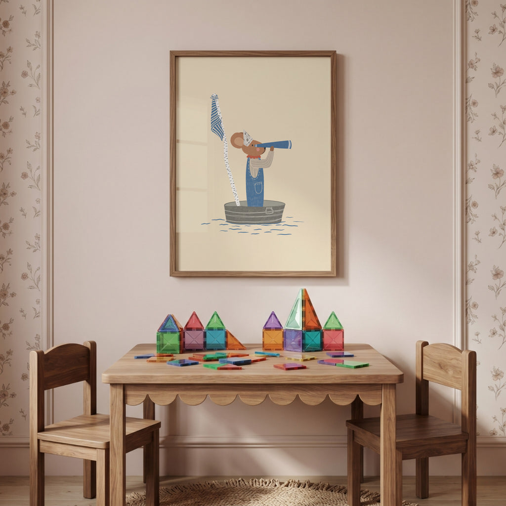 Whimsical nursery wall art featuring a little mouse standing in a handmade toy boat, wearing a paper hat and looking through binoculars toward the horizon, adventure-themed children's illustration.