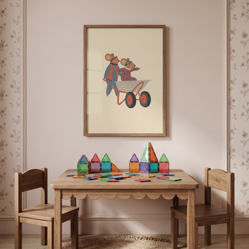 Whimsical nursery wall art featuring two mice wearing aviator goggles, one pushing a wheelbarrow while the other rides inside with arms outstretched, on a soft beige background.