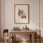 Whimsical nursery wall art featuring two mice wearing aviator goggles, one pushing a wheelbarrow while the other rides inside with arms outstretched, on a soft beige background.