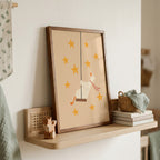 Cute goose swinging on a wooden swing against a light background with soft stars, whimsical nursery wall art in neutral tones for a baby or kids room.