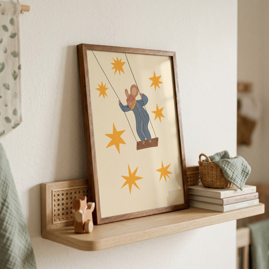 Whimsical mouse on swing nursery wall art featuring cute mouse swinging under starry sky in soft neutral tones
