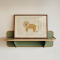 Minimalist safari-style nursery wall art featuring a Scandinavian lion illustration drawn on a soft beige background, framed with a decorative wavy border, printable digital artwork designed for safari-themed kids room, nursery, or playroom decor, creating a calm, modern, and cozy interior atmosphere.