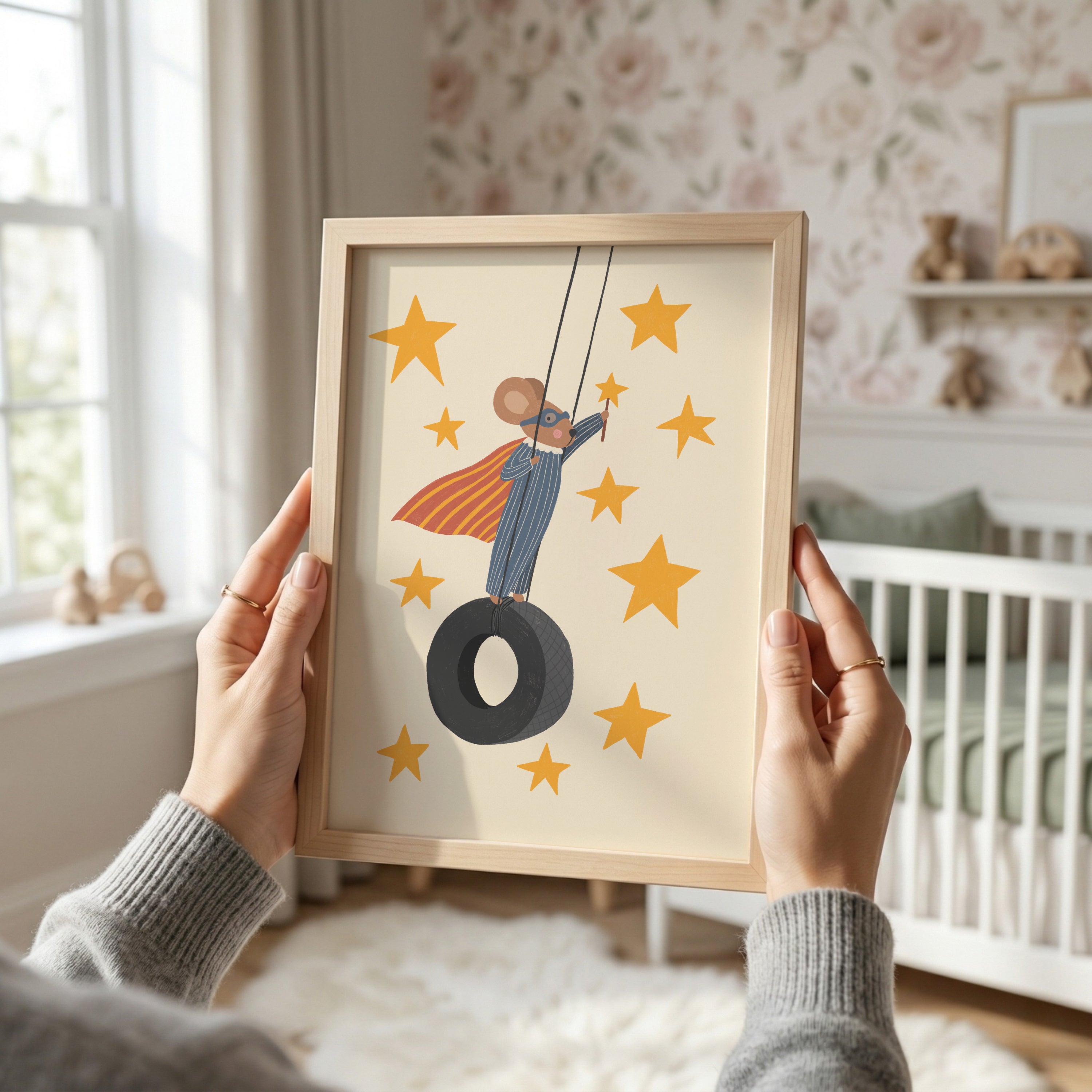 Superhero mouse on tire swing nursery wall art featuring whimsical mouse with cape and aviator goggles in adventure themed kids room decor