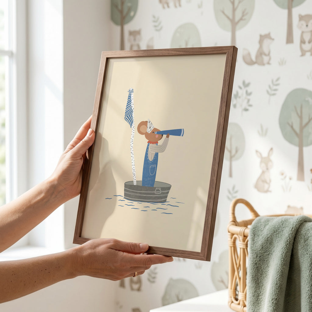 Whimsical nursery wall art featuring a little mouse standing in a handmade toy boat, wearing a paper hat and looking through binoculars toward the horizon, adventure-themed children's illustration.