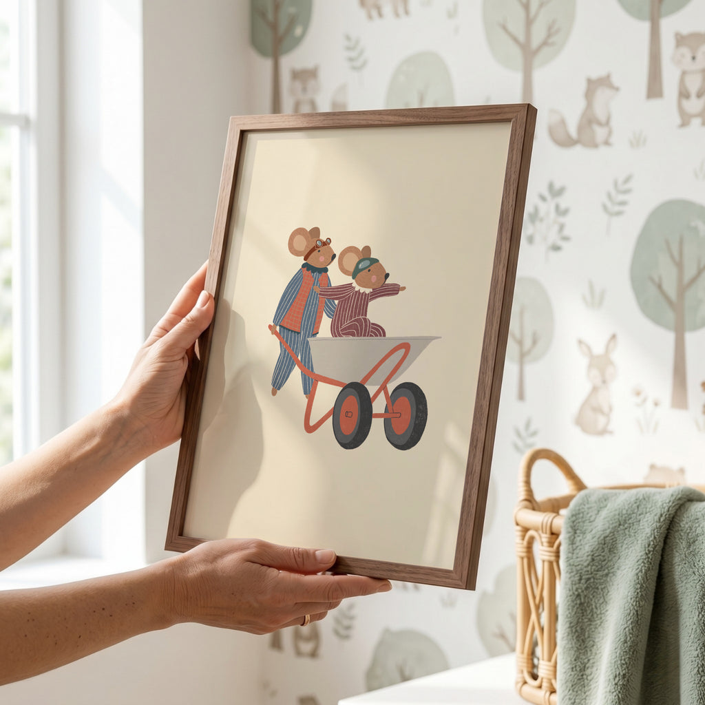 Whimsical nursery wall art featuring two mice wearing aviator goggles, one pushing a wheelbarrow while the other rides inside with arms outstretched, on a soft beige background.