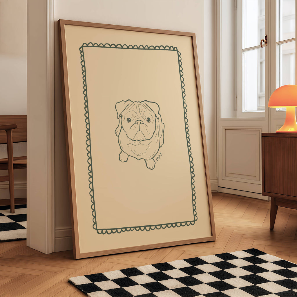 Personalizuotas augintinio plakatas su šviesiu fonu, pieštas minimalistine pieštuko linija pagal pateiktą nuotrauką. Estetiškas šuns ar katino portretas, sukurtas skaitmeniniu būdu, su galimybe pasirinkti linijos spalvą ir rėmelį. Moderni ir subtili interjero detalė arba prasminga dovana gyvūnų mylėtojui.