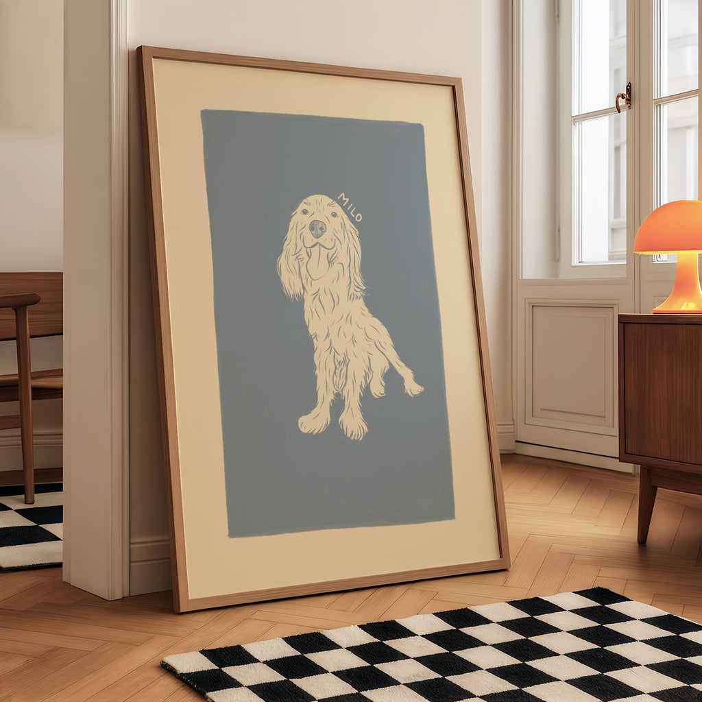 Personalizuotas augintinio plakatas su pasirenkamu spalvotu fonu, sukurtas pagal pateiktą nuotrauką. Minimalistinis šuns ar katino portretas, pieštas skaitmeniniu būdu subtilia pieštuko linija. Galimybė pasirinkti fono spalvą ir priderinti prie namų interjero. Estetiška ir asmeniška dovana gyvūnų mylėtojui.