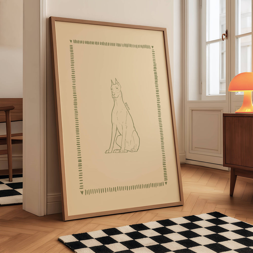 Personalizuotas augintinio plakatas su šviesiu fonu, pieštas minimalistine pieštuko linija pagal pateiktą nuotrauką. Estetiškas šuns ar katino portretas, sukurtas skaitmeniniu būdu, su galimybe pasirinkti linijos spalvą ir rėmelį. Moderni ir subtili interjero detalė arba prasminga dovana gyvūnų mylėtojui.