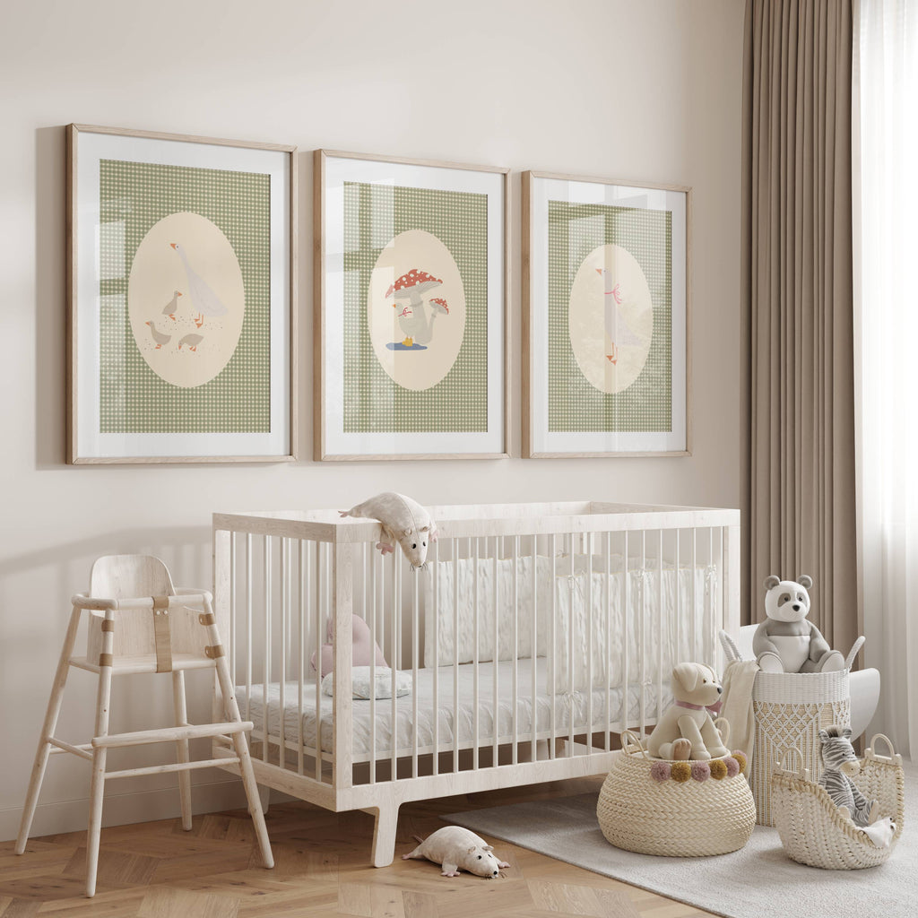 Set of three matching children’s posters featuring cute duck illustrations in oval frames on a green gingham background, in a soft classic style