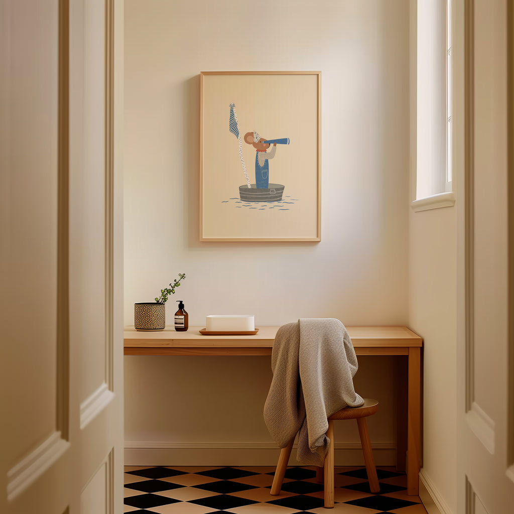 Whimsical nursery wall art featuring a little mouse standing in a handmade toy boat, wearing a paper hat and looking through binoculars toward the horizon, adventure-themed children's illustration.
