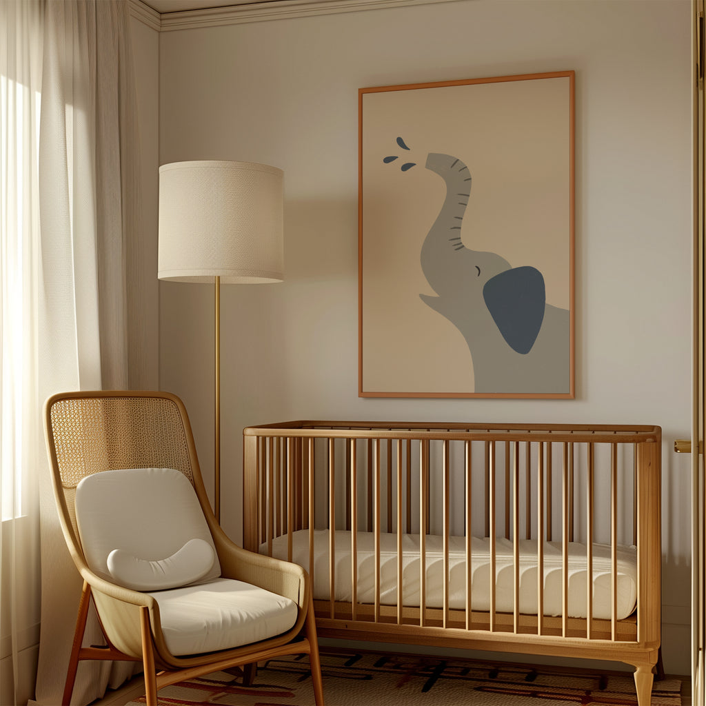 Minimalist safari-style nursery wall art featuring a Scandinavian elephant illustration spraying water, drawn on a soft beige background in a clean modern style, printable digital artwork for safari-themed kids room, nursery, or playroom decor, designed to create a calm, playful, and contemporary interior atmosphere.
