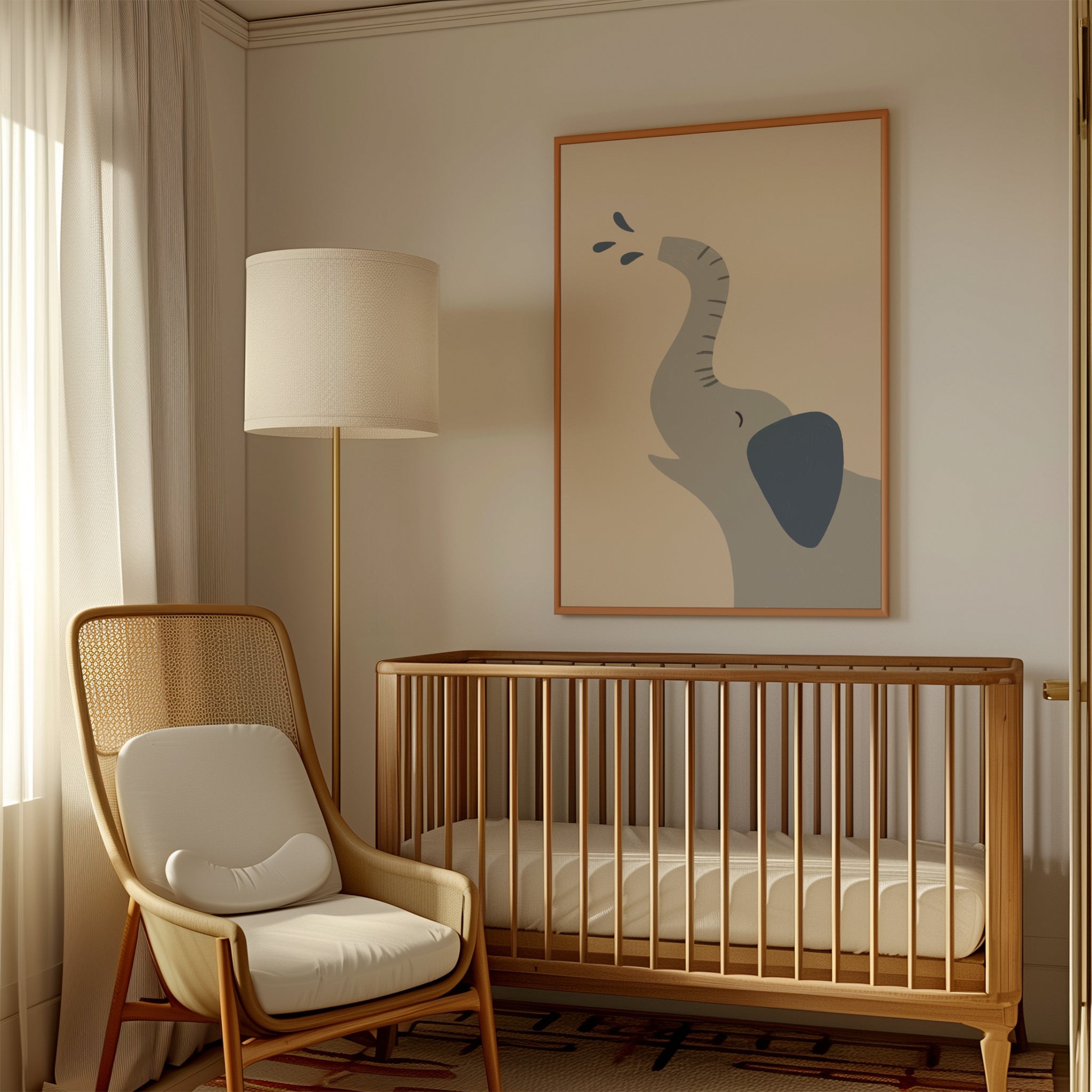 Minimalist safari-style nursery wall art featuring a Scandinavian elephant illustration spraying water, drawn on a soft beige background in a clean modern style, printable digital artwork for safari-themed kids room, nursery, or playroom decor, designed to create a calm, playful, and contemporary interior atmosphere.