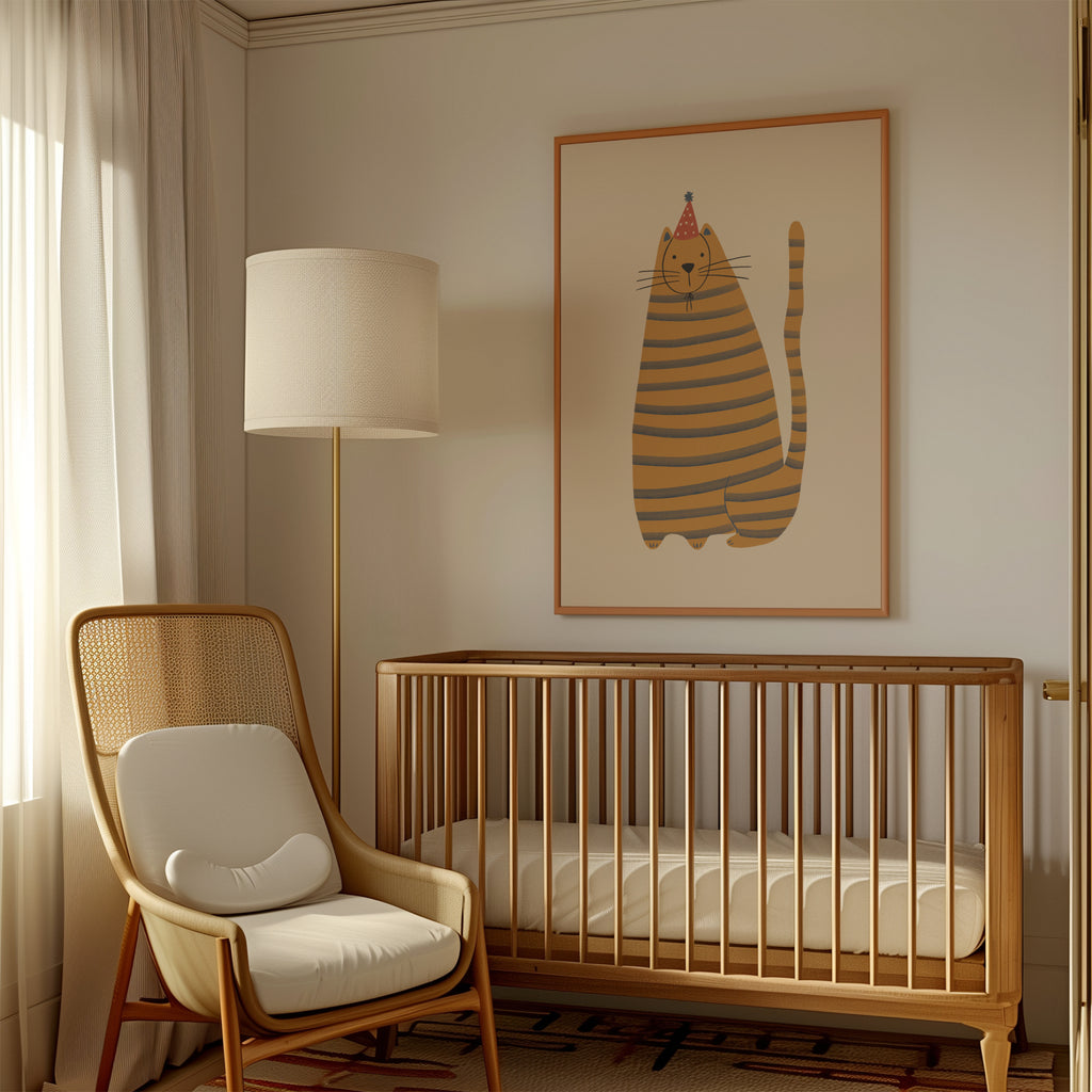 Cute kids wall art featuring a yellow striped cat with blue stripes wearing a small hat, illustrated in a soft minimalist style on a warm beige background, printable digital artwork for nursery, playroom, or kids room decor, designed to create a cozy, calm, and playful interior atmosphere.