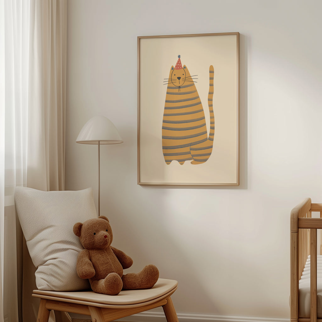 Cute kids wall art featuring a yellow striped cat with blue stripes wearing a small hat, illustrated in a soft minimalist style on a warm beige background, printable digital artwork for nursery, playroom, or kids room decor, designed to create a cozy, calm, and playful interior atmosphere.