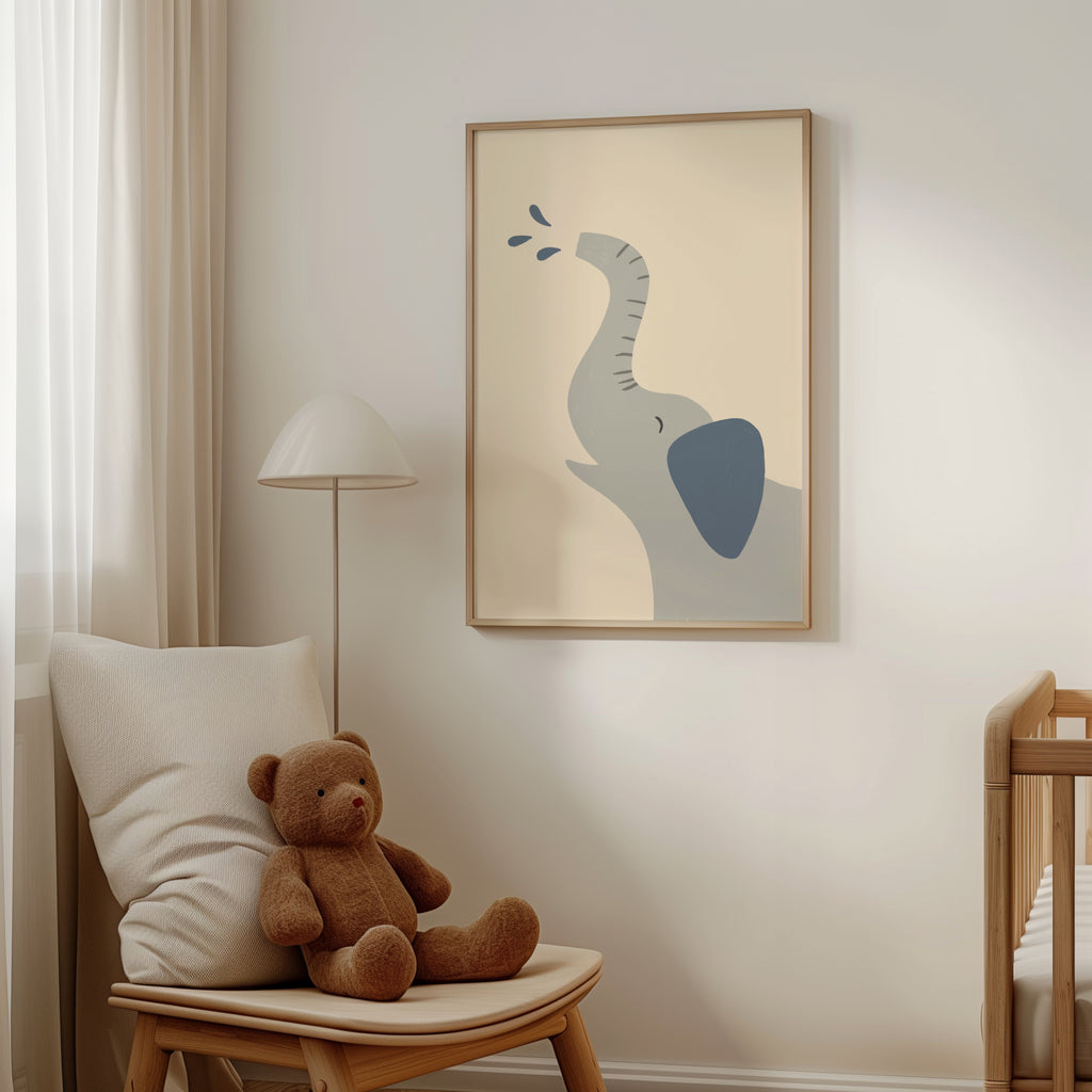 Minimalist safari-style nursery wall art featuring a Scandinavian elephant illustration spraying water, drawn on a soft beige background in a clean modern style, printable digital artwork for safari-themed kids room, nursery, or playroom decor, designed to create a calm, playful, and contemporary interior atmosphere.