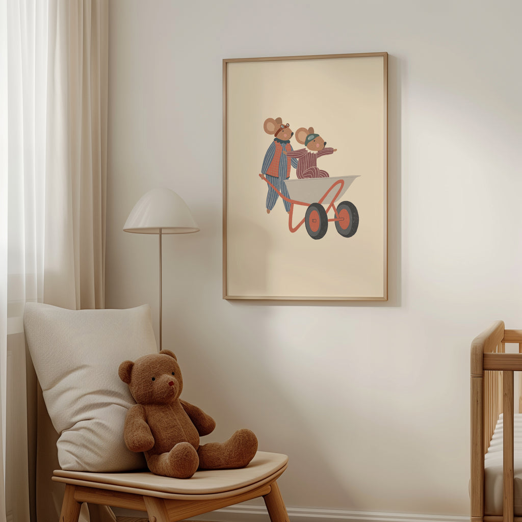 Whimsical nursery wall art featuring two mice wearing aviator goggles, one pushing a wheelbarrow while the other rides inside with arms outstretched, on a soft beige background.