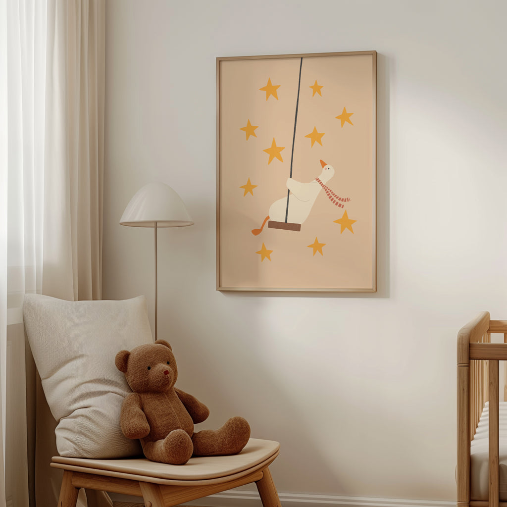 Cute goose swinging on a wooden swing against a light background with soft stars, whimsical nursery wall art in neutral tones for a baby or kids room.