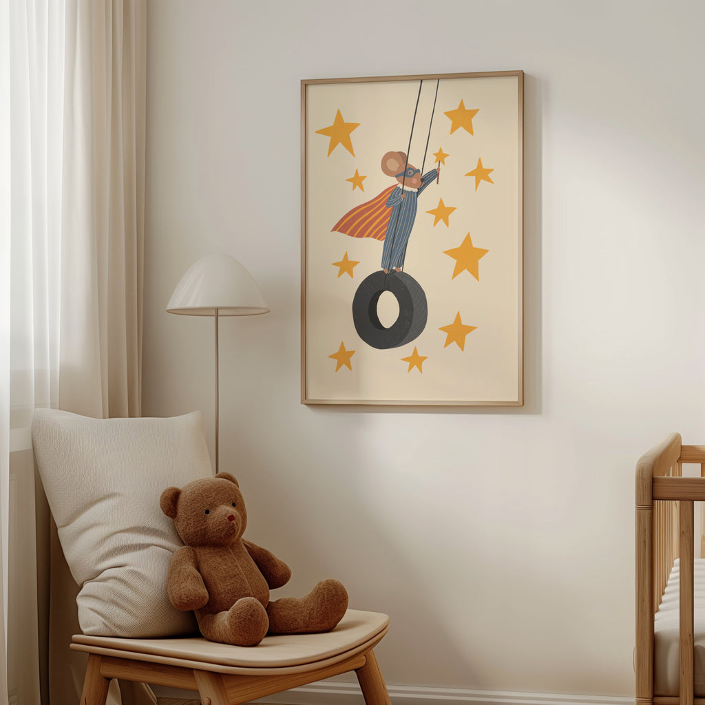 Superhero mouse on tire swing nursery wall art featuring whimsical mouse with cape and aviator goggles in adventure themed kids room decor
