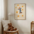 Whimsical mouse on swing nursery wall art featuring cute mouse swinging under starry sky in soft neutral tones