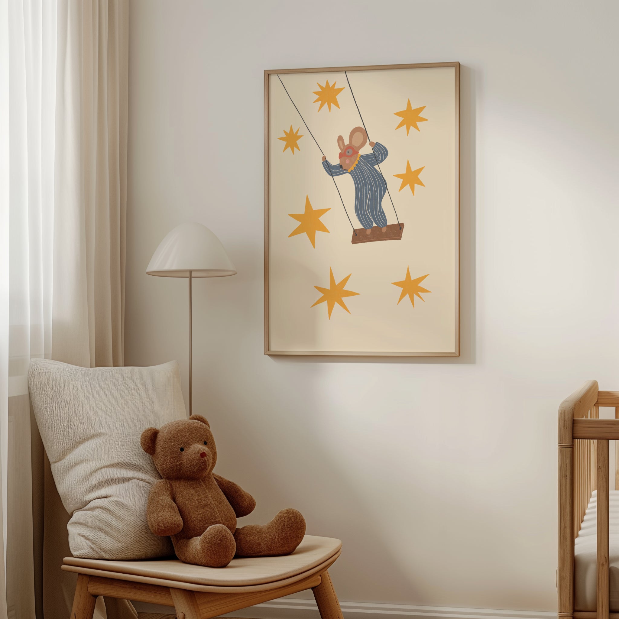 Whimsical mouse on swing nursery wall art featuring cute mouse swinging under starry sky in soft neutral tones