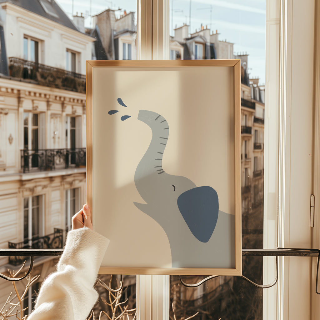 Minimalist safari-style nursery wall art featuring a Scandinavian elephant illustration spraying water, drawn on a soft beige background in a clean modern style, printable digital artwork for safari-themed kids room, nursery, or playroom decor, designed to create a calm, playful, and contemporary interior atmosphere.