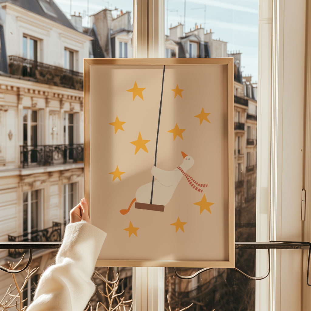 Cute goose swinging on a wooden swing against a light background with soft stars, whimsical nursery wall art in neutral tones for a baby or kids room.