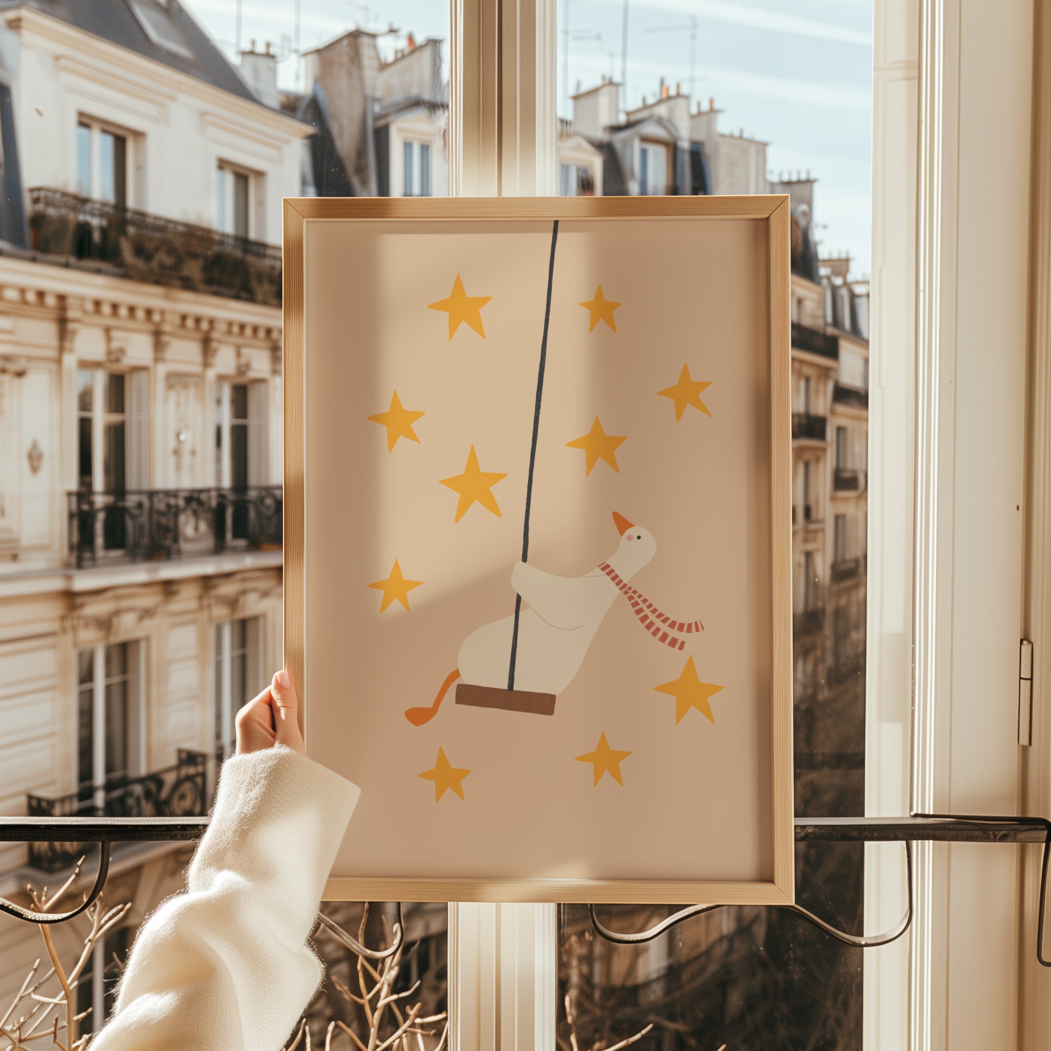 Cute goose swinging on a wooden swing against a light background with soft stars, whimsical nursery wall art in neutral tones for a baby or kids room.