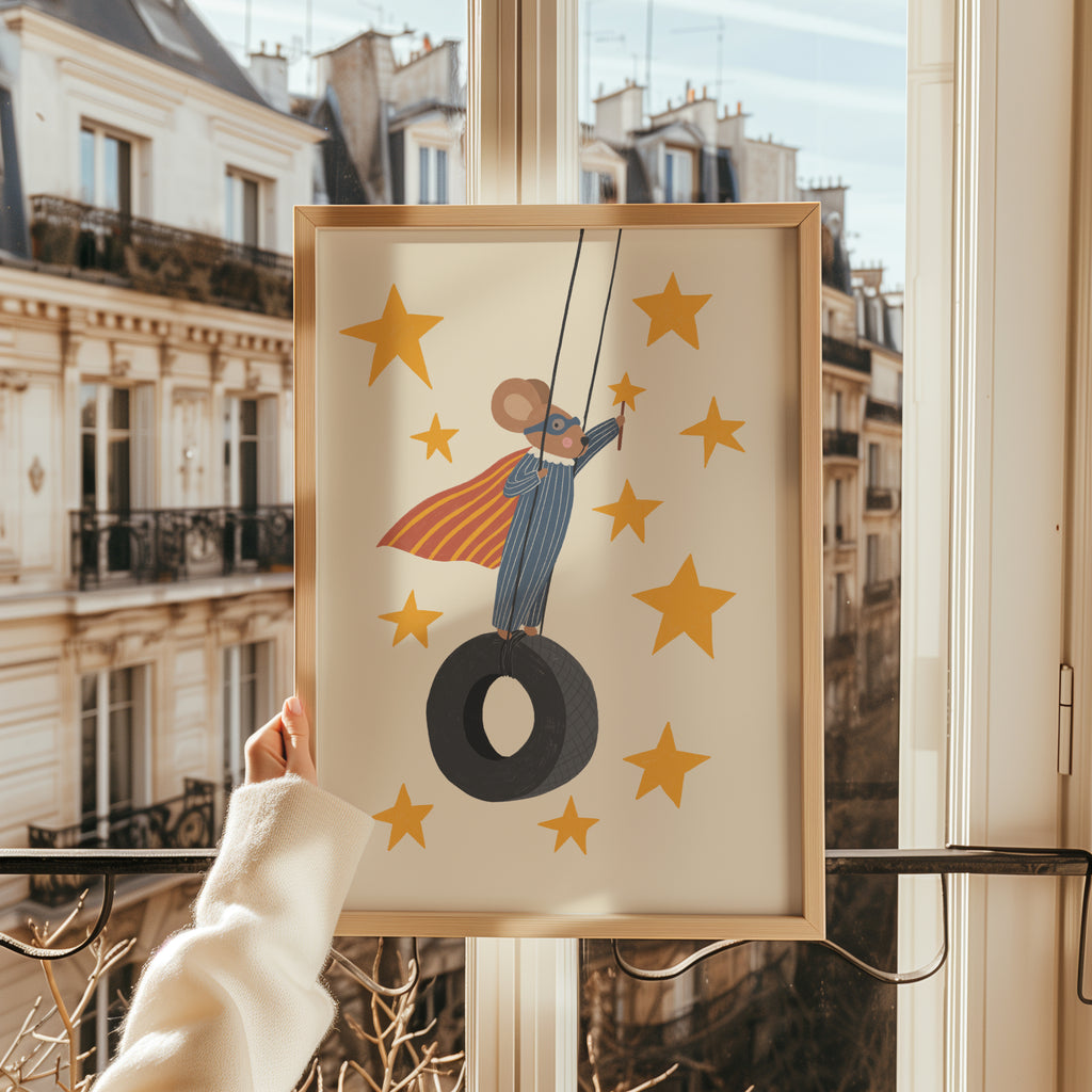 Superhero mouse on tire swing nursery wall art featuring whimsical mouse with cape and aviator goggles in adventure themed kids room decor