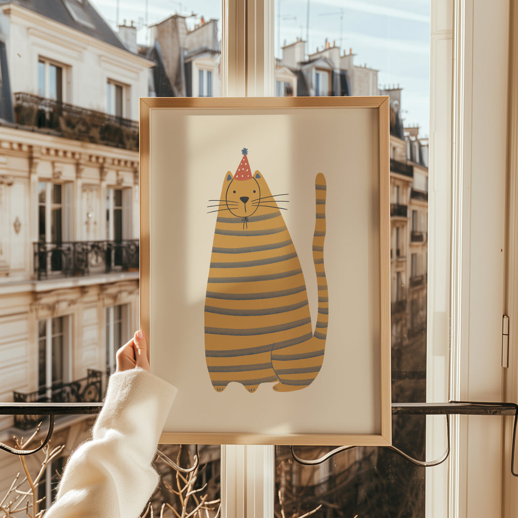 Cute kids wall art featuring a yellow striped cat with blue stripes wearing a small hat, illustrated in a soft minimalist style on a warm beige background, printable digital artwork for nursery, playroom, or kids room decor, designed to create a cozy, calm, and playful interior atmosphere.