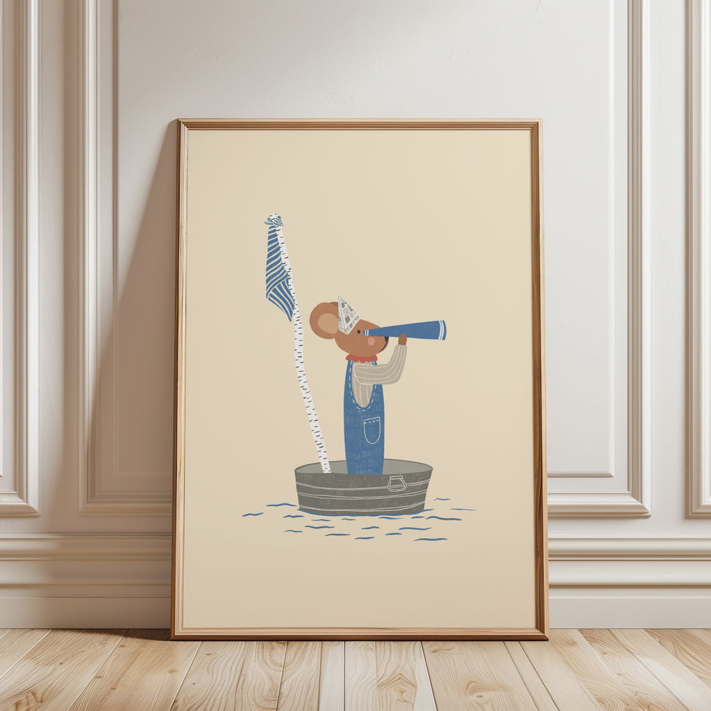 Whimsical nursery wall art featuring a little mouse standing in a handmade toy boat, wearing a paper hat and looking through binoculars toward the horizon, adventure-themed children's illustration.